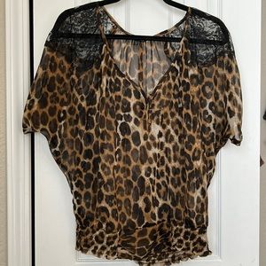 Express sheer lace and cheetah print blouse